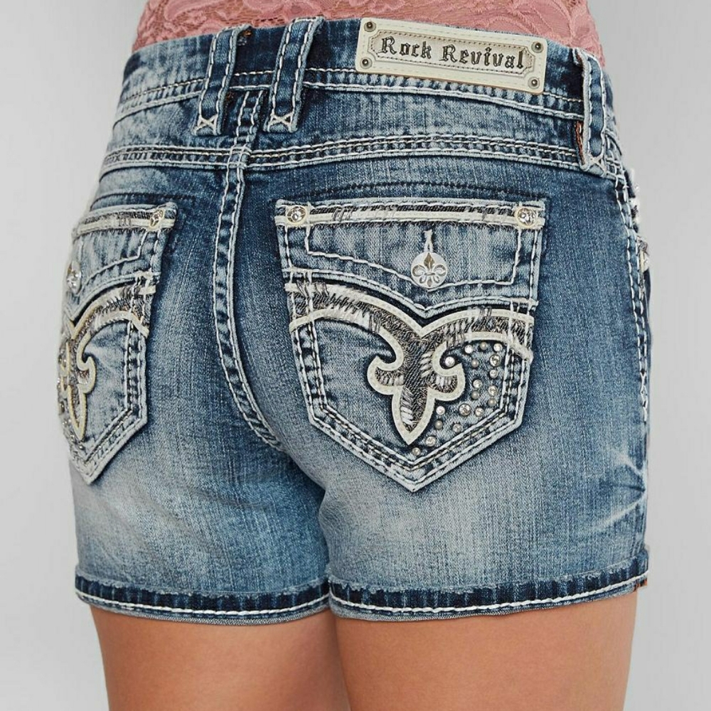 ROCK REVIVAL ANDREA STUDDED EMBROIDERED SHORTS 28